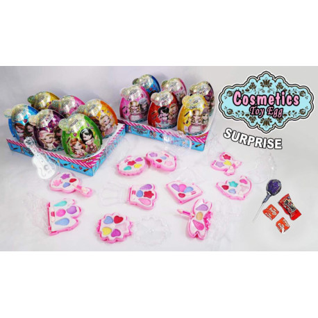 Plastic egg with lollipop, cheing candy, bubble gum and toy COSMETICS TOY EGG 20g