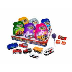 Plastikinis kiaušinis su ledinuku, susikramtomu sald, kr. guma ir žaislu CAR TOY EGG 20g