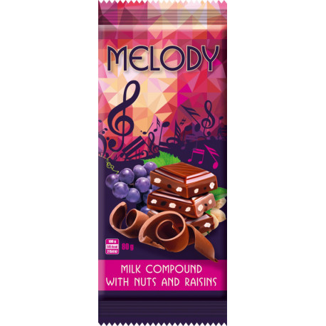 Saldžioji plytelė MELODY WITH NUTS & RAISINS 80g