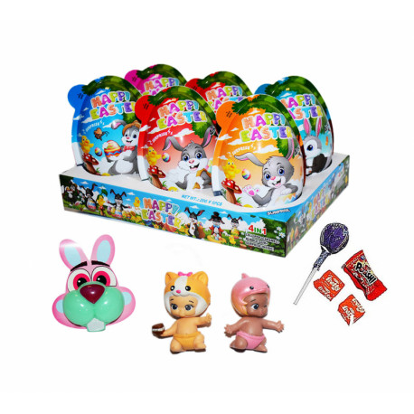 Plastic egg with lollipop, cheing candy, bubble gum and toy HAPPY EASTER 20g