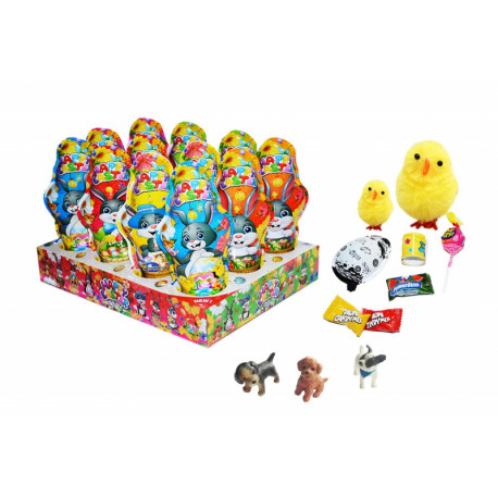 Plastic bunny with lollipop, chewable sweet, chewing gum and toy FIGURE HAPPY EASTER 40g