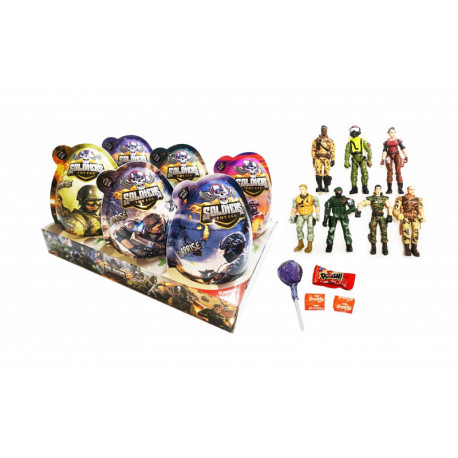 Plastic egg with lollipop, cheing candy, bubble gum and toy SOLDIERS 20g
