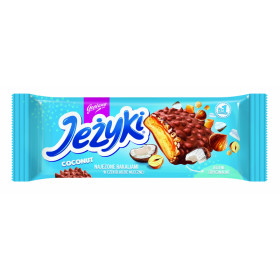 Cookies in milk chocolate with caramel 38.1%, dried coconut, hazelnuts, flake chips.JEZYKI COCONUT 140g