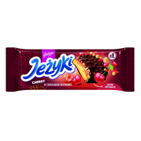 Sausainiai šokolade su karamele 35,5%, dribsnių traškučiais ir vyšnių granulėmis.JEZYKI CHERRY 140g