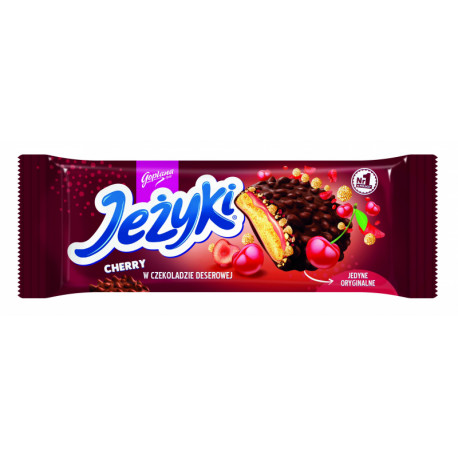 Sausainiai šokolade su karamele 35,5%, dribsnių traškučiais ir vyšnių granulėmis.JEZYKI CHERRY 140g