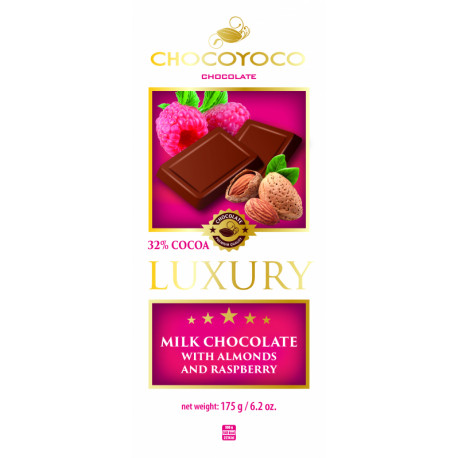 Milk chocolate 32% with raspberry and almonds LUXURY 175g