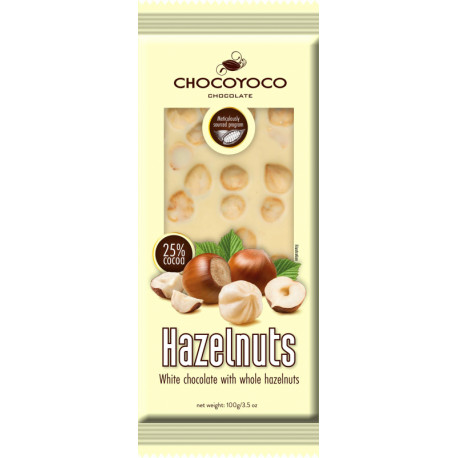 Baltasis šokoladas su sveikais lazdynų riešutais 15% HAZELNUTS 100g