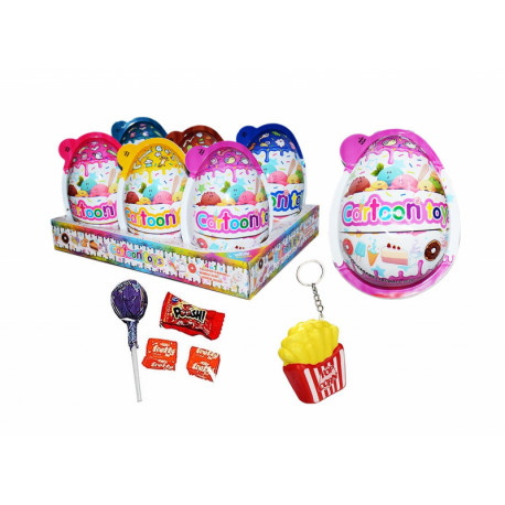 Plastic egg with lollipop, cheing candy, bubble gum and toy CARTOON TOY EGG 20g