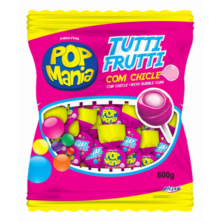 Įvairių vaisių skonio ledinukai su kramtoma guma  POP MANIA TUTTI FRUTTI 600g