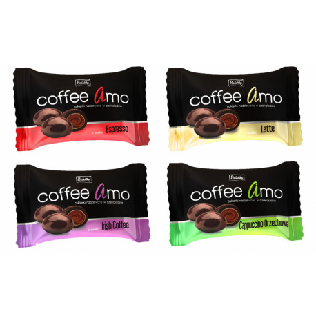 Karameliniai saldainiai su  įvairiais kavos skonio įdarais kakaviniame glaiste. COFFEE AMO 1 kg