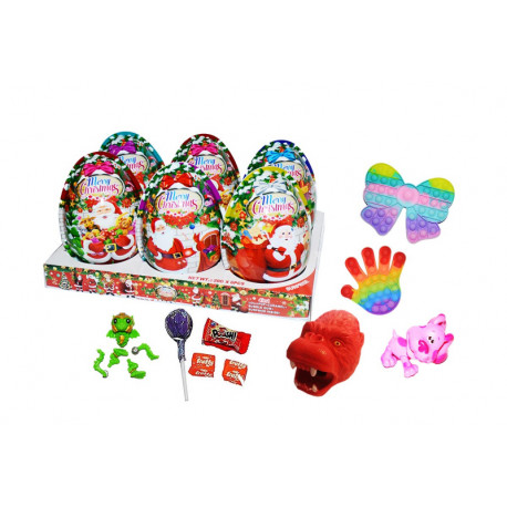 Plastikinis kiaušinis su ledinuku, susikramtomu sald, kr. guma ir žaislu MERRY CHRISTMAS TOY  EGG 25g